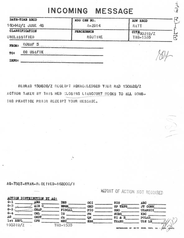 FEAF replies with an immediate halt to bombing.   Dated 6/16/48.